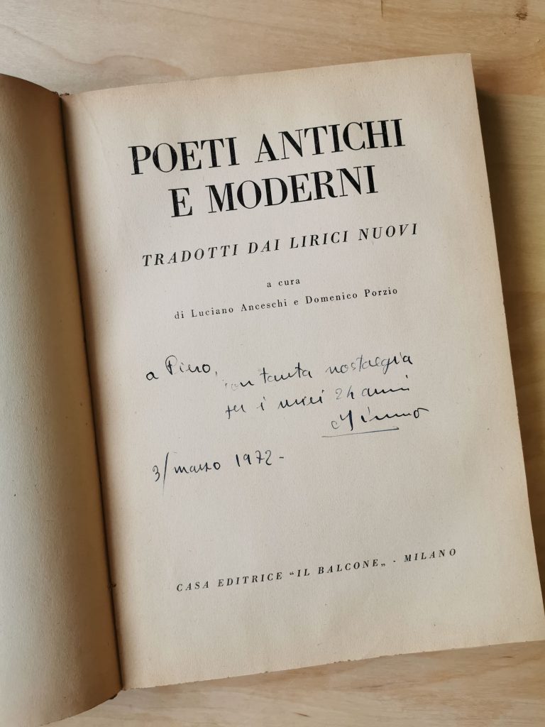 Libro "Poeti antichi e moderni" di Luciano Anceschi con dedica a Piero Bigongiari